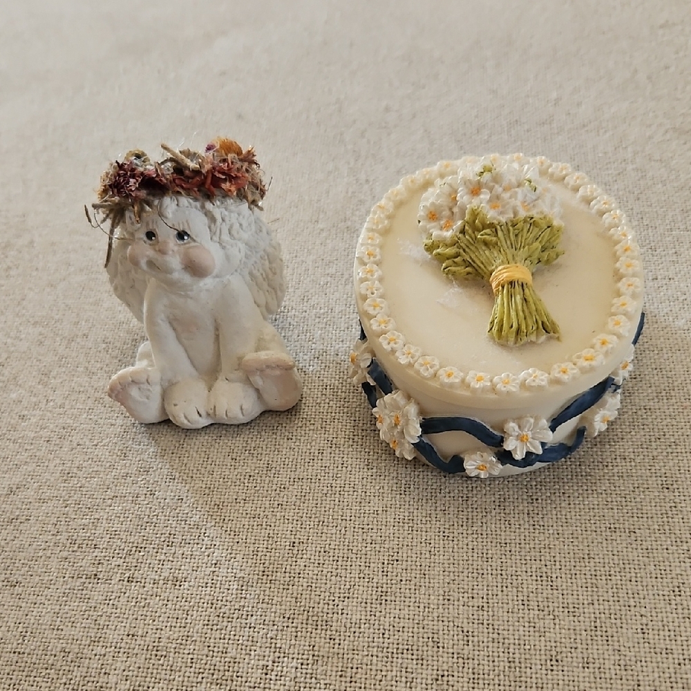 Decorative Angel Figurine and Floral Trinket Box